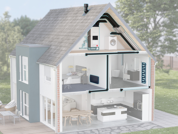 Comfo Air Q and Comfo Clime, Building installation, Visible air distribution, Cut-open building, Exterior, Single-family house,,CA Q,