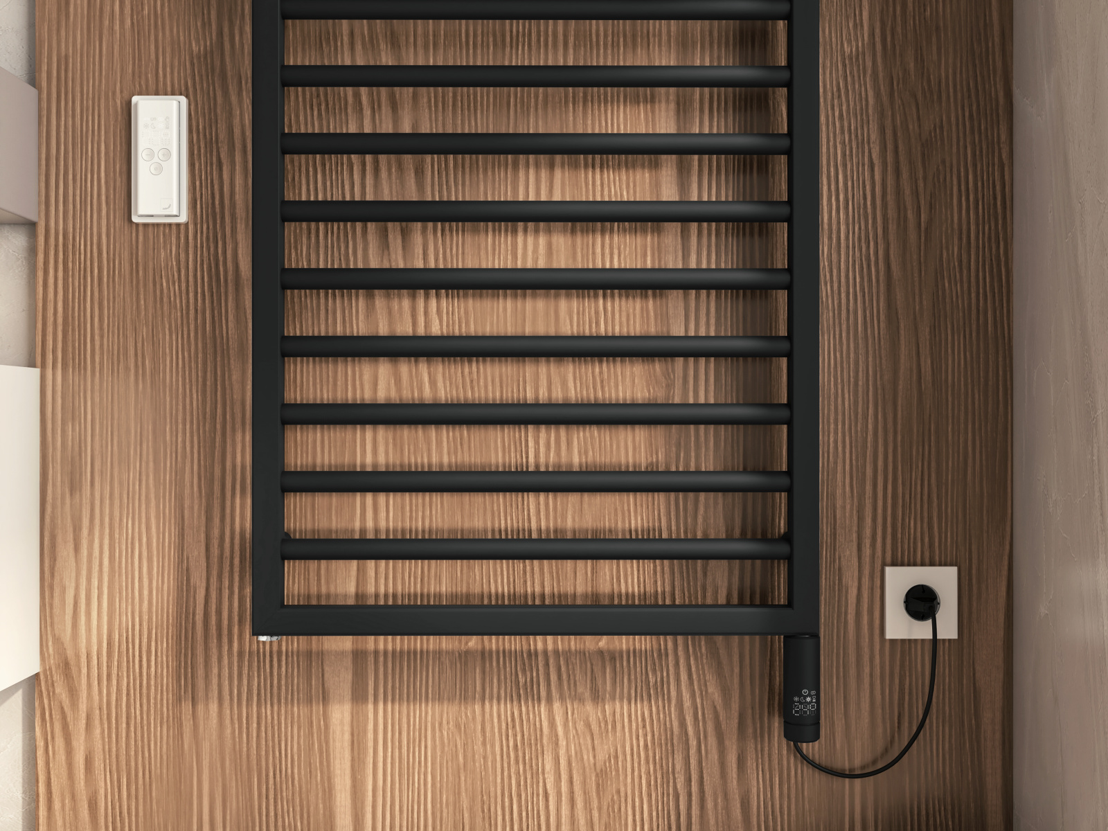Zehnder_RAD_Subway-EL_IHC-WithCableDE_BlackMatt_bathroom2_Detail Rendering Zehnder Subway Decorative radiator Front view