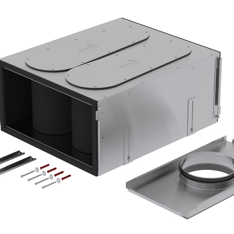 Rendering Zehnder ComfoWell Therm attenuator kit Comfortable indoor ventilation Angled view