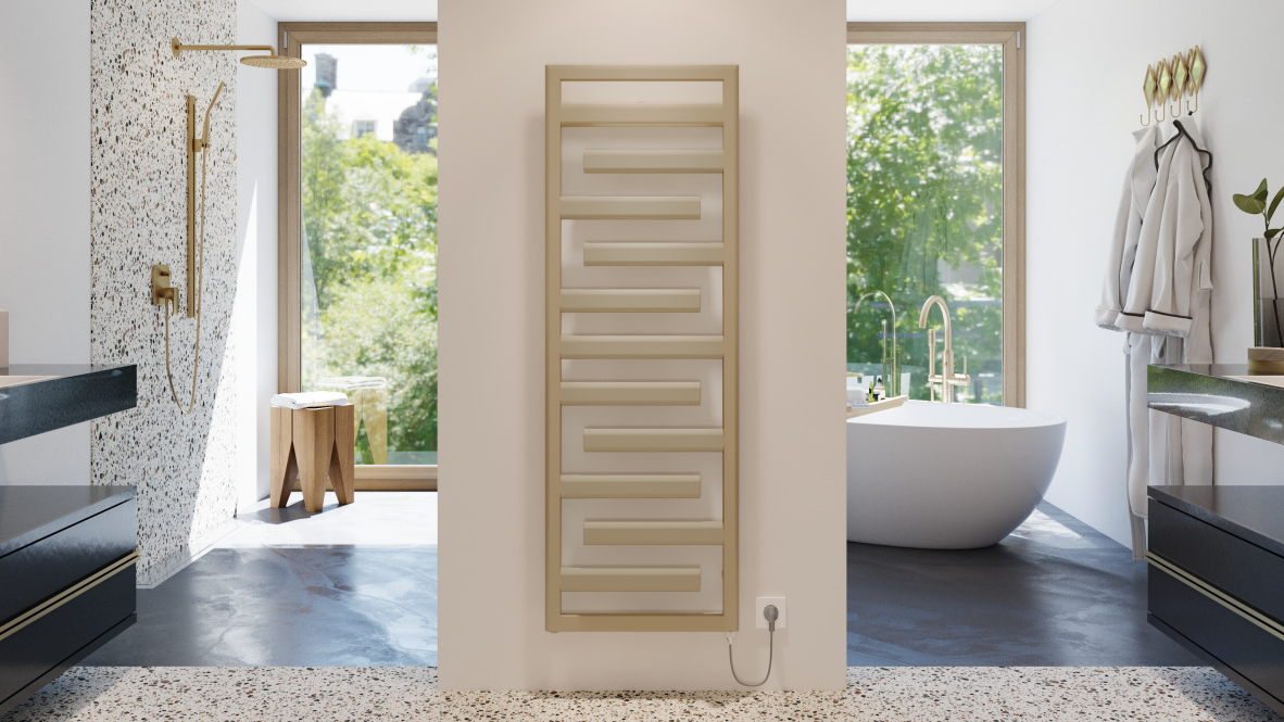 Zehnder_RAD_Tetris-EL_IHE_150-50_GoldenSand_bathroom_TerrazzoNoTowel Rendering Zehnder Tetris Decorative radiator Front view