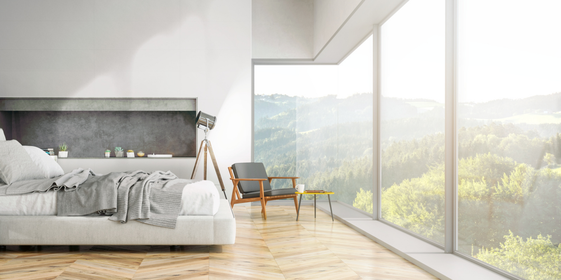 Chambre à la décoration moderne avec vue sur la nature