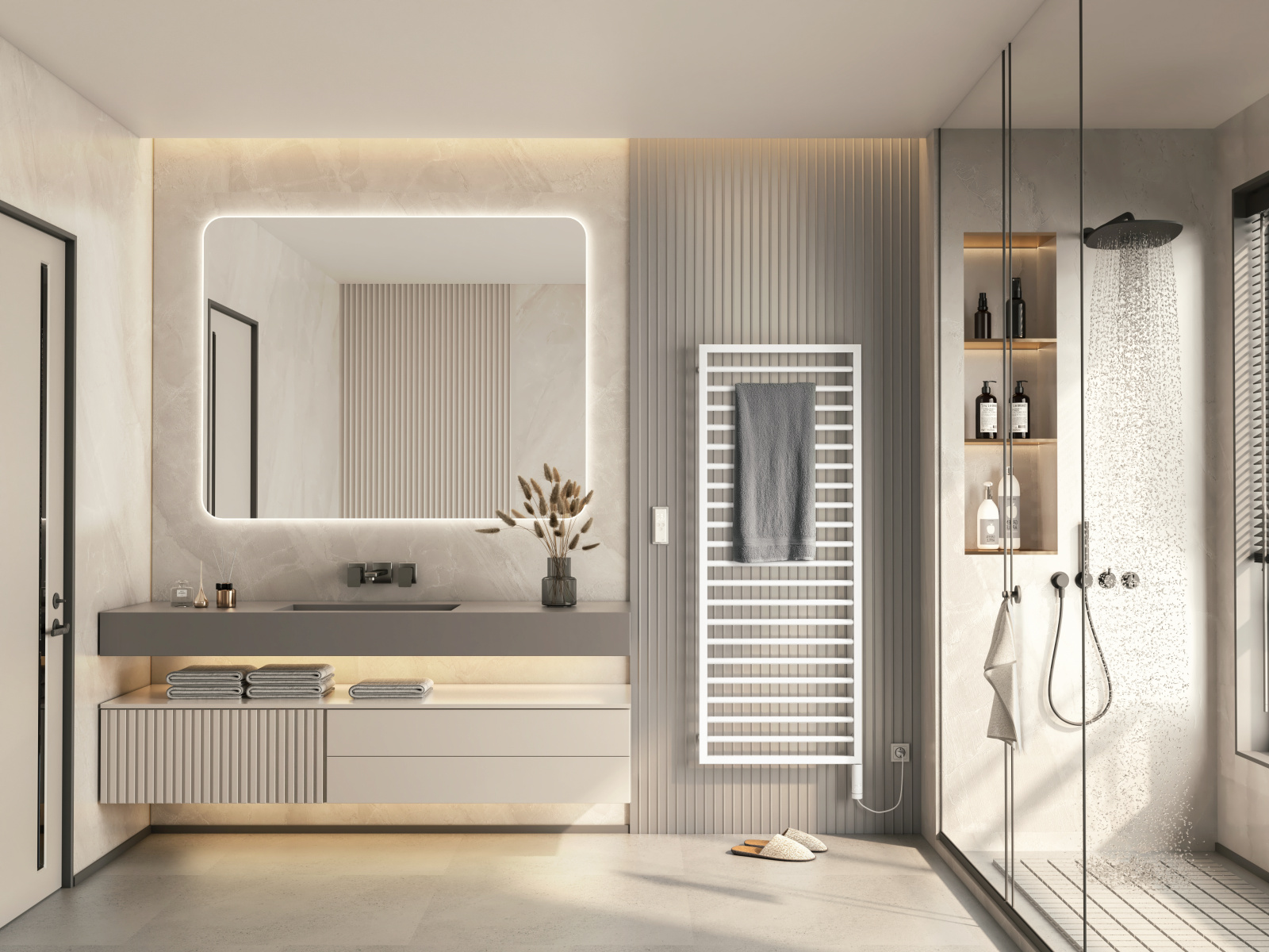 Zehnder_RAD_Subway-150-60_EL_IHC_TrafficWhite_Milieu_Bathroom Rendering Zehnder Subway Decorative radiator Front view