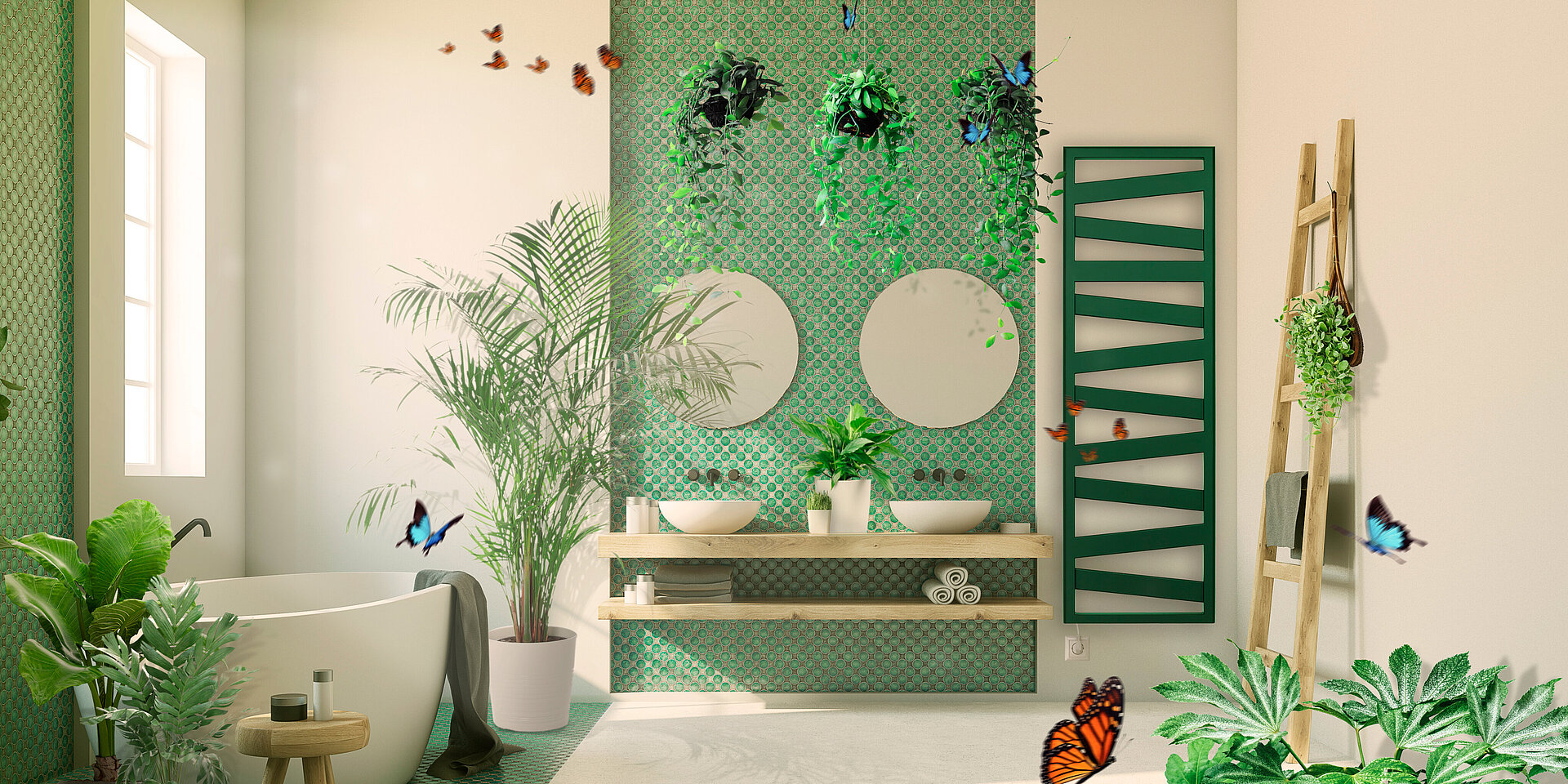 Groene badkamer-radiaotor in een badkamer