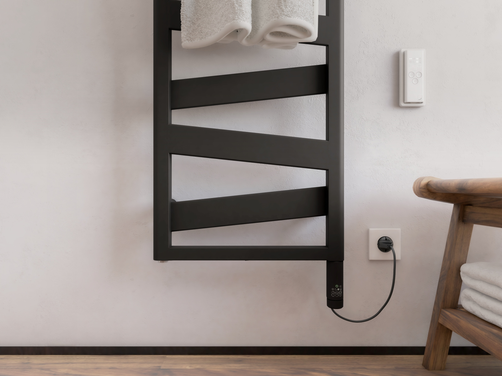 Zehnder_RAD_Ribbon-EL_IHC-WithCableDE_BlackMatt_bathroom_Detail Rendering Zehnder Ribbon Decorative radiator Front view